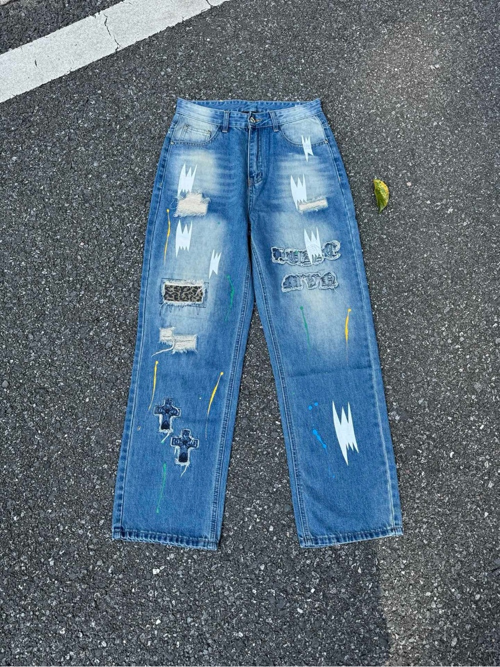 Chrome Hearts Blue Distressed Straight Jeans with Paint Accents